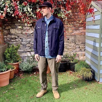 Violet Baseball Cap Outfits For Men: Why not wear a violet shirt jacket with a violet baseball cap? As well as super comfortable, these two pieces look great when paired together. Make this ensemble a bit classier by finishing with beige suede derby shoes.