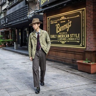 Brown Wool Hat Outfits For Men: If you're a fan of relaxed styling when it comes to fashion, you'll love this laid-back pairing of an olive shirt jacket and a brown wool hat. Why not introduce a pair of navy leather derby shoes to the mix for a touch of polish?