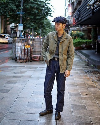 Men's Tan Shirt Jacket, Charcoal Chambray Short Sleeve Shirt, Navy Vertical Striped Chinos, Black Leather Chelsea Boots