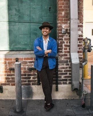 Dark Brown Wool Hat Outfits For Men: Parade your expertise in men's fashion by putting together a blue denim shirt jacket and a dark brown wool hat for a casual look. Let your styling savvy truly shine by finishing off your outfit with a pair of burgundy leather tassel loafers.