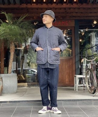 Bucket Hat Outfits For Men: If you're in search of a modern casual and at the same time on-trend ensemble, wear a navy quilted shirt jacket with a bucket hat. Play down the casualness of your look by finishing off with violet canvas high top sneakers.
