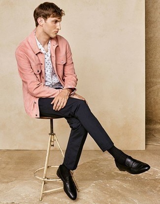Men's Pink Shirt Jacket, White and Black Print Short Sleeve Shirt, Navy Chinos, Black Leather Loafers