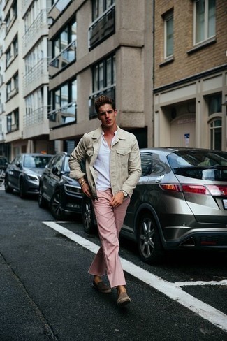 Brown Canvas Espadrilles Outfits For Men: This pairing of a beige shirt jacket and pink chinos will add powerful essence to your look. Rounding off with brown canvas espadrilles is an effective way to introduce a more laid-back touch to this outfit.