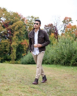 Dark Green Sunglasses Outfits For Men: Pairing a dark brown shirt jacket with dark green sunglasses is a savvy pick for a casual yet stylish getup. Burgundy leather casual boots are the most effective way to add a little kick to the ensemble.