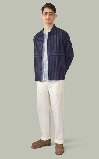 Men's Navy Vertical Striped Shirt Jacket, Light Blue Short Sleeve Shirt, White Chinos, Brown Suede Loafers
