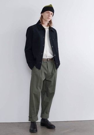 Men's Navy Wool Shirt Jacket, White Vertical Striped Short Sleeve Shirt, Olive Chinos, Black Leather Loafers