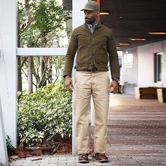 Men's Olive Shirt Jacket, Light Blue Chambray Short Sleeve Shirt, Beige Chinos, Dark Brown Leather Casual Boots