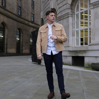 Tan Suede Shirt Jacket Outfits For Men: Such essentials as a tan suede shirt jacket and navy chinos are an easy way to introduce some refinement into your day-to-day fashion mix. Put a different spin on this outfit by finishing off with dark brown suede brogues.
