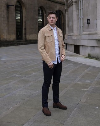 Tan Suede Shirt Jacket Outfits For Men: This pairing of a tan suede shirt jacket and navy chinos is the perfect base for an effortlessly stylish getup. Want to break out of the mold? Then why not add a pair of dark brown suede brogues to the mix?