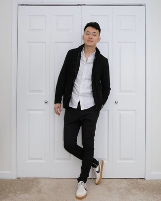Black Shirt Jacket Outfits For Men: The perfect foundation for casually sleek menswear style? A black shirt jacket with black chinos. You can take a more casual route with shoes by wearing white and navy leather low top sneakers.