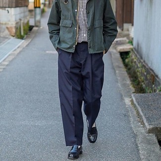 Men's Dark Green Shirt Jacket, Navy and White Gingham Short Sleeve Shirt, Navy Chinos, Black Leather Loafers
