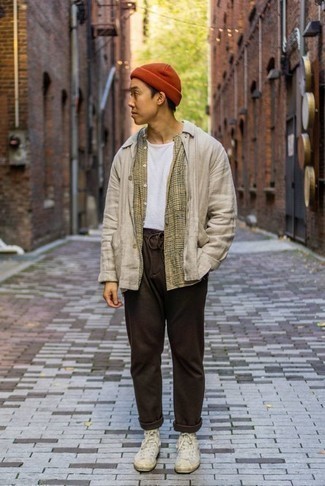 Dark Brown Chinos Outfits: Wear a beige linen shirt jacket with dark brown chinos to look polished but not particularly formal. Why not complete this look with white canvas high top sneakers for a mellow feel?