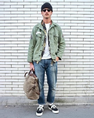 Mint Shirt Jacket Outfits For Men: For an off-duty getup with a modern twist, you can easily dress in a mint shirt jacket and blue jeans. For something more on the daring side to round off your ensemble, complement your ensemble with a pair of black and white canvas low top sneakers.