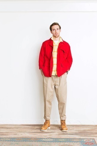 Red Shirt Jacket Outfits For Men: Pairing a red shirt jacket and beige chinos is a fail-safe way to infuse your wardrobe with some manly elegance. For extra fashion points, introduce tobacco leather casual boots to the equation.