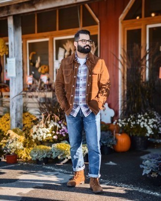 Brown Suede Casual Boots Outfits For Men: This combination of a brown suede shirt jacket and blue jeans is indisputable proof that a safe casual look doesn't have to be boring. When it comes to shoes, this getup is completed wonderfully with brown suede casual boots.
