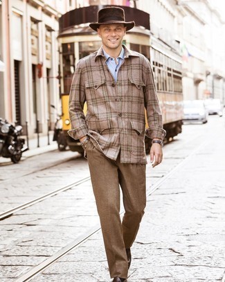 Dark Brown Wool Hat Outfits For Men: For a casual getup, marry a brown plaid wool shirt jacket with a dark brown wool hat — these two items play beautifully together. And if you wish to easily spruce up this ensemble with one single item, why not add a pair of dark brown leather loafers to the mix?