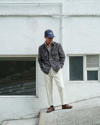 Men's Outfits 2021: This refined combination of a charcoal plaid shirt jacket and white dress pants is a favored choice among the sartorially superior chaps. Add a more relaxed vibe to by sporting a pair of dark brown leather boat shoes.