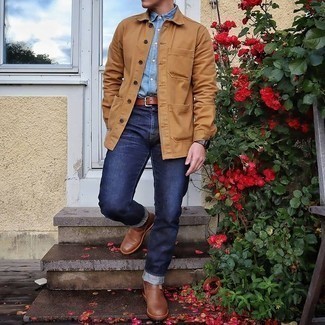 Men's Tan Shirt Jacket, Light Blue Chambray Short Sleeve Shirt, Navy Jeans, Brown Leather Chelsea Boots