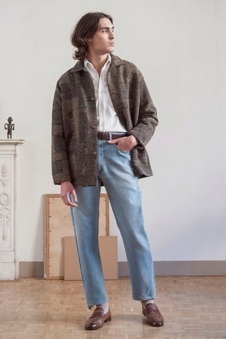 Light Blue Jeans Outfits For Men: The mix-and-match capabilities of a brown horizontal striped wool shirt jacket and light blue jeans guarantee you'll always have them on heavy rotation. For something more on the classy end to finish off this look, add brown leather loafers to the mix.