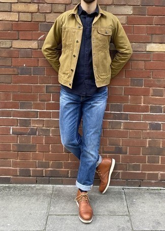 Brown Leather Desert Boots Outfits: For a laid-back getup, rock a tan shirt jacket with blue jeans — these two items play nicely together. If you're wondering how to finish off, a pair of brown leather desert boots is a tested option.