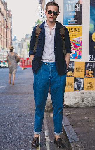 Navy Shirt Jacket Outfits For Men: This casual pairing of a navy shirt jacket and blue jeans is ideal if you need to feel confident in your outfit. A pair of dark brown leather tassel loafers easily revs up the style factor of your getup.