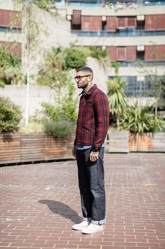 Burgundy Shirt Jacket Outfits For Men: Go for a simple yet neat and relaxed outfit by teaming a burgundy shirt jacket and navy jeans. Loosen things up and complete this outfit with white canvas low top sneakers.