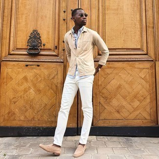 Beige Suede Loafers Outfits For Men: A beige shirt jacket and white jeans are among the fundamental elements in any modern gentleman's versatile casual closet. You could perhaps get a bit experimental in the footwear department and dress up this look by sporting a pair of beige suede loafers.