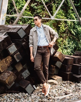 Beige Linen Shirt Jacket Outfits For Men: This combo of a beige linen shirt jacket and brown jeans is devastatingly stylish and yet it's easy and apt for anything. On the fence about how to finish off? Add tan leather low top sneakers to the mix to change things up a bit.