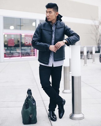 Black Leather Shirt Jacket Outfits For Men: Want to infuse your menswear arsenal with some off-duty cool? Try pairing a black leather shirt jacket with black jeans. Step up your ensemble by finishing off with a pair of black leather double monks.