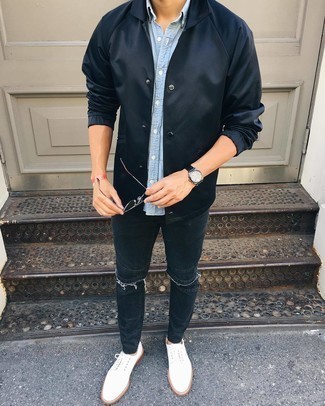 Charcoal Ripped Jeans Outfits For Men: A black shirt jacket and charcoal ripped jeans are indispensable menswear must-haves if you're piecing together an off-duty closet that matches up to the highest sartorial standards. Introduce white canvas derby shoes to your ensemble to immediately boost the fashion factor of any look.