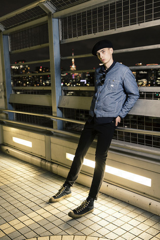 Black Canvas High Top Sneakers Outfits For Men: A blue shirt jacket and black jeans have become a must-have combination for many sartorial-savvy gentlemen. Complement this ensemble with a pair of black canvas high top sneakers to make the outfit more current.