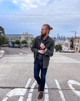 Dark Green Shirt Jacket Outfits For Men: Perfect the casually dapper look by wearing a dark green shirt jacket and navy jeans. Look at how well this ensemble is completed with a pair of dark brown leather casual boots.