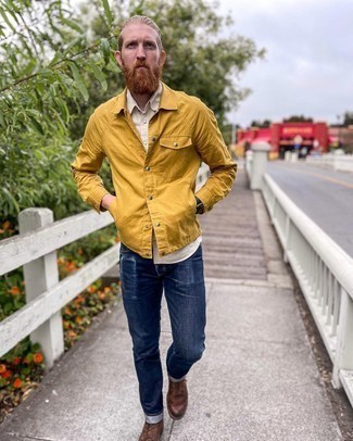 Mustard Shirt Jacket Outfits For Men: Rock a mustard shirt jacket with navy jeans for an everyday getup that's full of charm and character. Add dark brown leather casual boots to your look and you're all done and looking boss.
