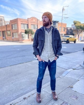 Tobacco Beanie Outfits For Men: This combo of a navy wool shirt jacket and a tobacco beanie spells comfort and dapper menswear style. Let your outfit coordination skills really shine by rounding off your outfit with a pair of dark brown leather casual boots.