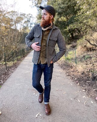 Grey Wool Shirt Jacket Outfits For Men: Marry a grey wool shirt jacket with navy jeans for a no-nonsense outfit that's also well-executed. On the shoe front, this look pairs really well with dark brown leather casual boots.