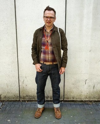 Men's Olive Shirt Jacket, Multi colored Plaid Short Sleeve Shirt, Black Jeans, Brown Leather Casual Boots