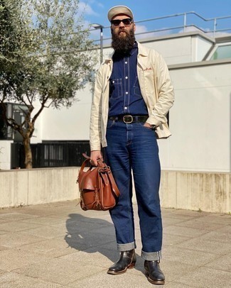 Olive Leather Belt Outfits For Men: For a casually stylish getup, marry a beige shirt jacket with an olive leather belt — these pieces go nicely together. Add black leather chelsea boots to this look for a dose of sophistication.
