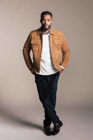 Tan Suede Shirt Jacket Outfits For Men: A tan suede shirt jacket and navy corduroy chinos teamed together are a great match. Go off the beaten track and jazz up your look by slipping into dark brown leather chelsea boots.
