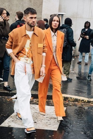 Yellow Shirt Jacket Outfits For Men: If you gravitate towards laid-back getups, why not wear this pairing of a yellow shirt jacket and white jeans? Orange athletic shoes are guaranteed to bring a dose of stylish effortlessness to this look.