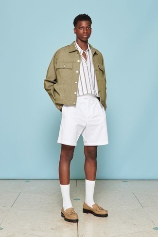 Tan Leather Loafers Outfits For Men: Wear an olive shirt jacket with white shorts for a comfortable outfit that's also pulled together. Tan leather loafers will infuse an air of sophistication into an otherwise mostly dressed-down outfit.