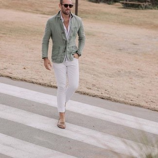 Mint Shirt Jacket Outfits For Men: This combination of a mint shirt jacket and white skinny jeans resonates comfort and rugged style. Finishing off with tan leather sandals is a fail-safe way to inject a more relaxed vibe into this getup.
