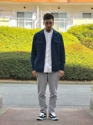 Men's Navy Shirt Jacket, White Short Sleeve Shirt, Grey Sweatpants, Black and White Canvas Low Top Sneakers