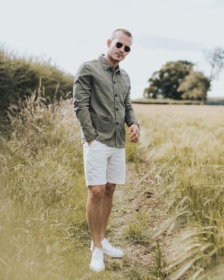 White Shorts with White Low Top Sneakers Outfits For Men: Consider wearing an olive shirt jacket and white shorts for a fuss-free getup that's also put together. Dial up this look by wearing a pair of white low top sneakers.