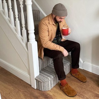 Dark Brown Chinos Outfits: This combination of a tan shirt jacket and dark brown chinos is a must-try effortlessly neat look for any modern guy. Brown suede loafers are guaranteed to breathe an extra touch of elegance into this ensemble.