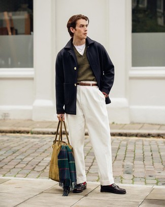 Tobacco Canvas Tote Bag Outfits For Men: Team a black wool shirt jacket with a tobacco canvas tote bag for a laid-back take on casual city style. Amp up the formality of your outfit a bit by slipping into dark brown leather loafers.