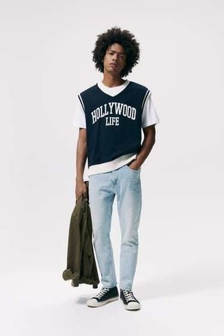 Men's Olive Shirt Jacket, Navy Print Sweater Vest, White Crew-neck T-shirt, Light Blue Jeans