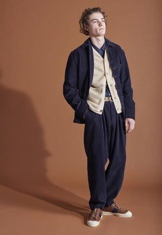 Navy Corduroy Chinos Outfits: This pairing of a navy corduroy shirt jacket and navy corduroy chinos is the perfect base for a casually classic menswear style. Let your sartorial credentials truly shine by finishing this getup with a pair of brown canvas low top sneakers.