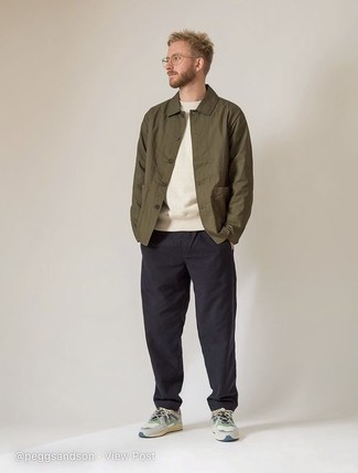 Olive Shirt Jacket Outfits For Men: An olive shirt jacket and black chinos are absolute mainstays if you're picking out a classic and casual wardrobe that holds to the highest sartorial standards. Introduce a more casual vibe to by sporting a pair of multi colored athletic shoes.
