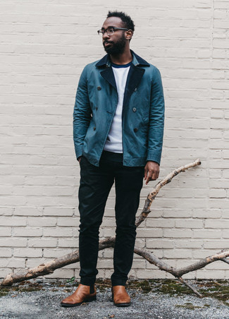 Blue Shirt Jacket Outfits For Men: Such items as a blue shirt jacket and black chinos are the ideal way to infuse some sophistication into your current styling arsenal. Complete your look with brown leather chelsea boots to kick things up to the next level.