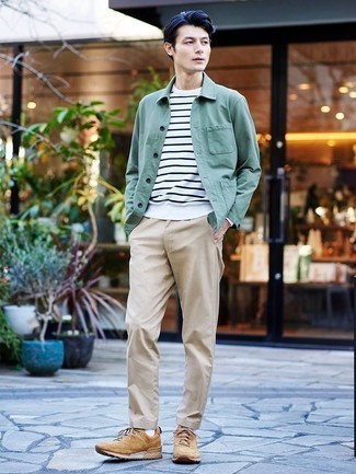 Mint Shirt Jacket Outfits For Men: The combo of a mint shirt jacket and khaki chinos makes this a really well-executed look. Our favorite of a multitude of ways to finish off this getup is with tan athletic shoes.